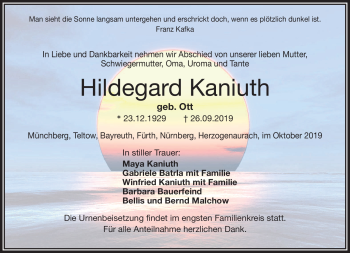 Traueranzeige von Hildegard Kaniuth von Frankenpost