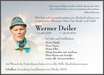 Traueranzeige von Werner Deiler von Südthüringer Presse