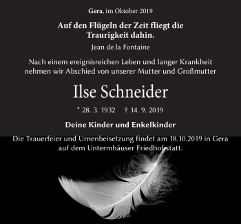 Traueranzeige von Ilse Schneider von Südthüringer Presse