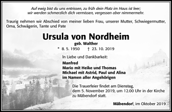 Traueranzeige von Ursula von Nordheim von Südthüringer Presse