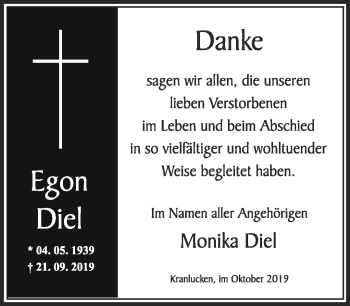Traueranzeige von Egon Diel von Südthüringer Presse