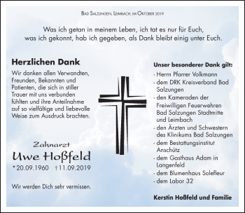 Traueranzeige von Uwe Hoßfeld von Südthüringer Presse