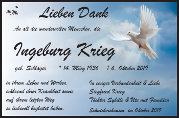 Traueranzeige von Ingeburg Krieg von Südthüringer Presse