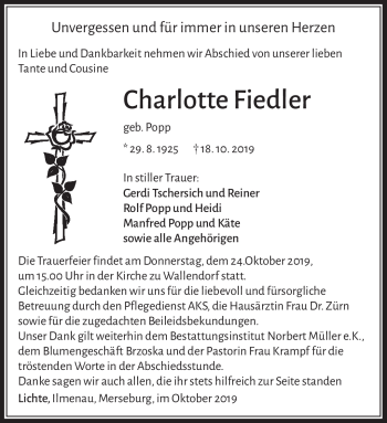 Traueranzeige von Charlotte Fiedler von Südthüringer Presse