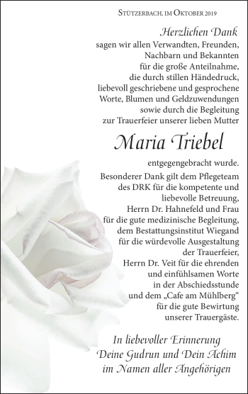 Traueranzeige von Maria Triebel von Südthüringer Presse