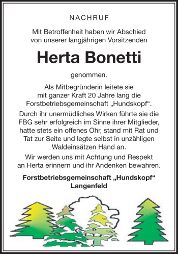 Traueranzeige von Herta Bonetti von Südthüringer Presse