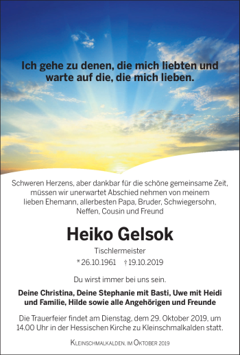 Traueranzeige von Heiko Gelsok von Südthüringer Presse