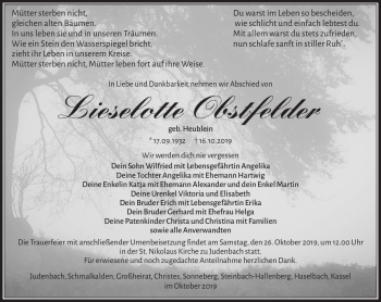 Traueranzeige von Lieselotte Obstfelder von Südthüringer Presse
