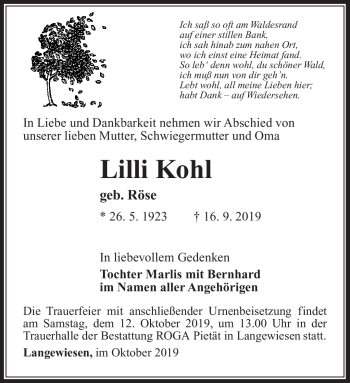 Traueranzeige von Lilli Kohl von Südthüringer Presse