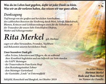 Traueranzeige von Rita Merkel von Südthüringer Presse