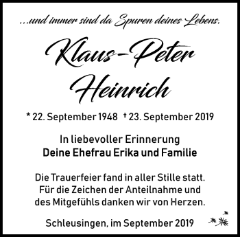 Traueranzeige von Klaus-Peter Heinrich von Südthüringer Presse