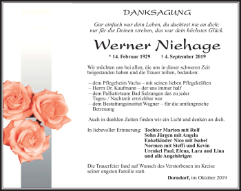 Traueranzeige von Werner Niehage von Südthüringer Presse