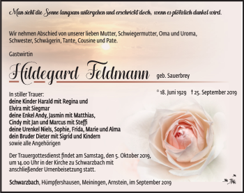 Traueranzeige von Hildegard Feldmann von Südthüringer Presse