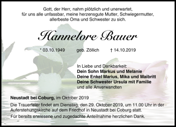 Traueranzeige von Hannelore Bauer von Neue Presse Coburg