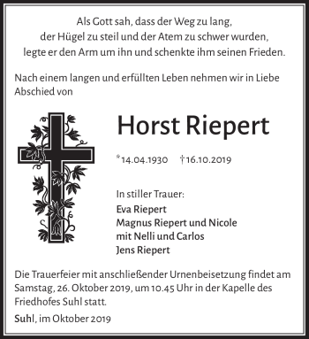 Traueranzeige von Horst Riepert von Südthüringer Presse