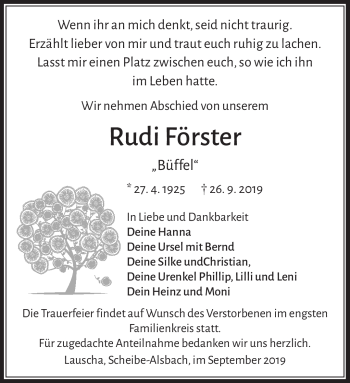 Traueranzeige von Rudi Förster von Südthüringer Presse