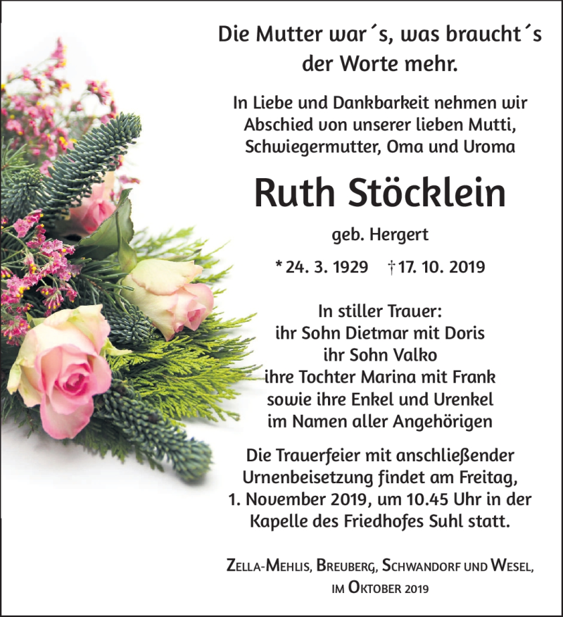  Traueranzeige für Ruth Stöcklein vom 26.10.2019 aus Südthüringer Presse