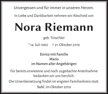 Traueranzeige von Nora Riemann von Südthüringer Presse
