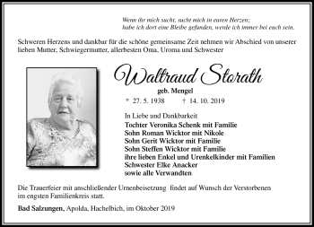 Traueranzeige von Waltraud Storath von Südthüringer Presse