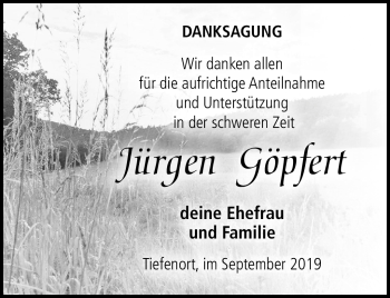 Traueranzeige von Jürgen Göpfert von Südthüringer Presse