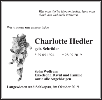 Traueranzeige von Charlotte Hedler von Südthüringer Presse