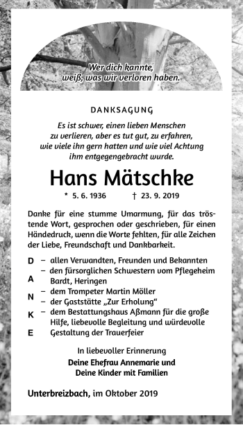 Traueranzeige von Hans Mätschke von Südthüringer Presse