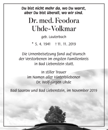 Traueranzeige von Dr.medn Feodora Uhde-Volkmar von Südthüringer Presse