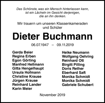 Traueranzeige von Dieter Buchmann von Südthüringer Presse