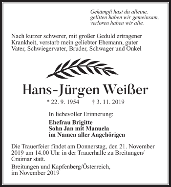 Traueranzeige von Hans-Jürgen Weißer von Südthüringer Presse