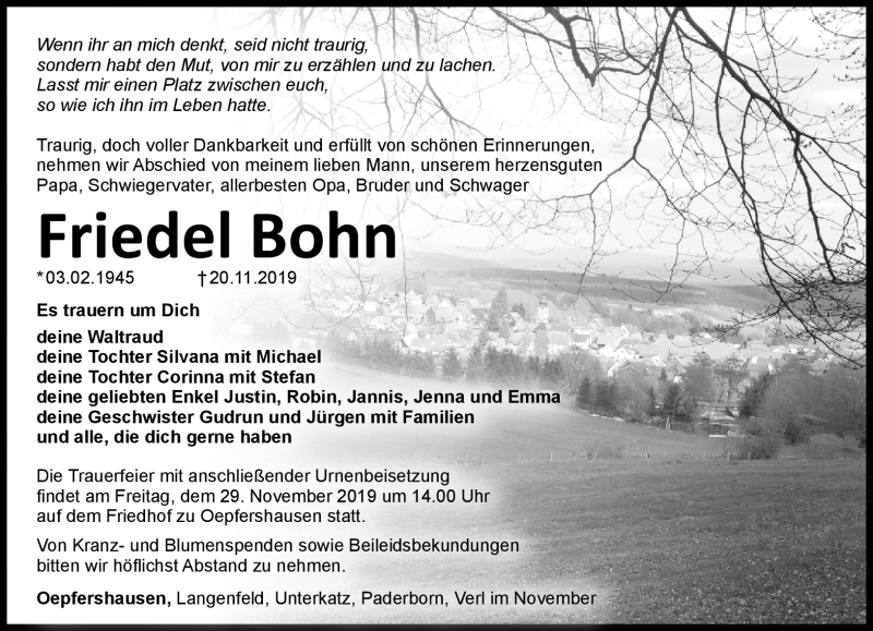  Traueranzeige für Friedel Bohn vom 23.11.2019 aus Südthüringer Presse