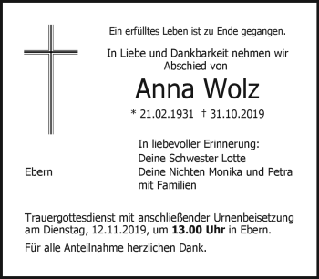 Traueranzeige von Anna Wolz von Neue Presse Coburg