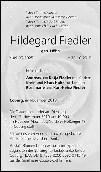 Traueranzeige von Hildegard Fiedler von Neue Presse Coburg