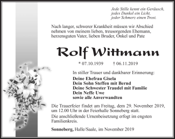 Traueranzeige von Rolf Wittmann von Südthüringer Presse