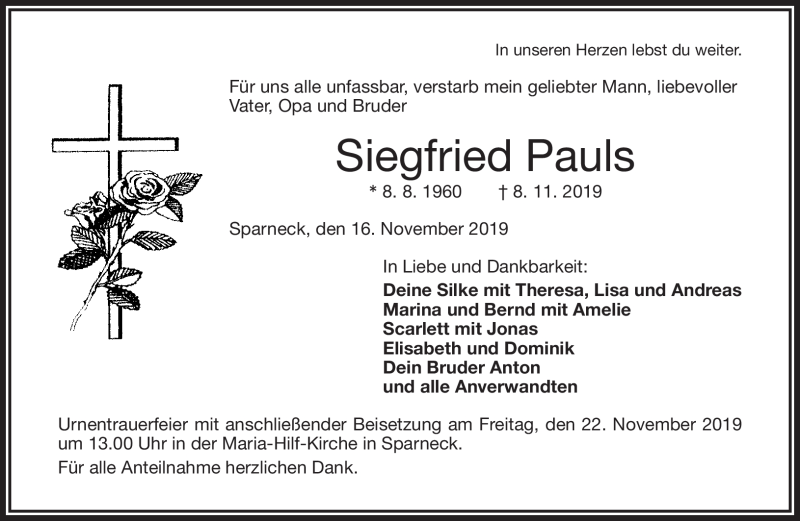  Traueranzeige für Siegfried Pauls vom 16.11.2019 aus Frankenpost