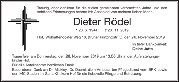 Traueranzeige von Dieter Rödel von Frankenpost