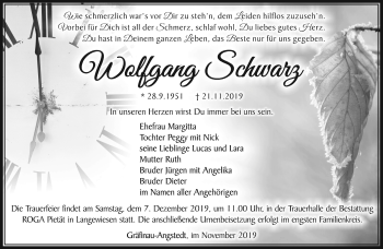Traueranzeige von Wolfgang Schwarz von Südthüringer Presse