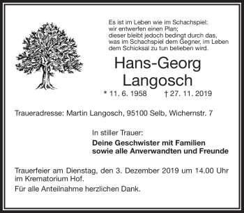 Traueranzeige von Hans-Georg Langosch von Frankenpost