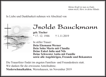 Traueranzeige von Isolde Bauckmann von Südthüringer Presse