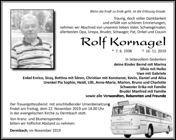 Traueranzeige von Rolf Kornagel von Südthüringer Presse