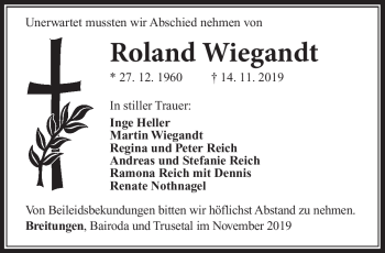 Traueranzeige von Roland Wiegandt von Südthüringer Presse
