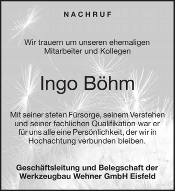 Traueranzeige von Ingo Böhm von Südthüringer Presse