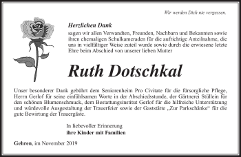 Traueranzeige von Ruth Dotschkal von Südthüringer Presse