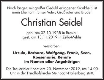 Traueranzeige von Christian Seidel von Südthüringer Presse