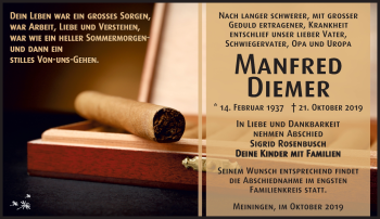 Traueranzeige von Manfred Diemer von Südthüringer Presse