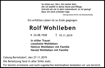 Traueranzeige von Rolf Wohlleben von Neue Presse Coburg