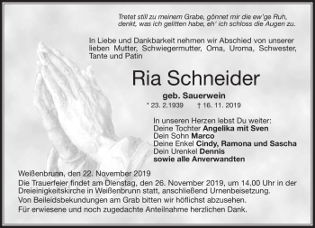 Traueranzeige von Ria Schneider von Neue Presse Coburg
