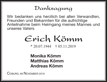Traueranzeige von Erich Kömm von Neue Presse Coburg
