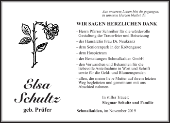 Traueranzeige von Elsa Schultz von Südthüringer Presse