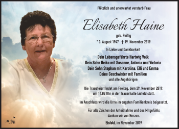 Traueranzeige von Elisabeth Haine von Südthüringer Presse