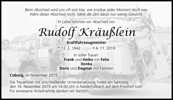 Traueranzeige von Rudolf Kräußlein von Neue Presse Coburg